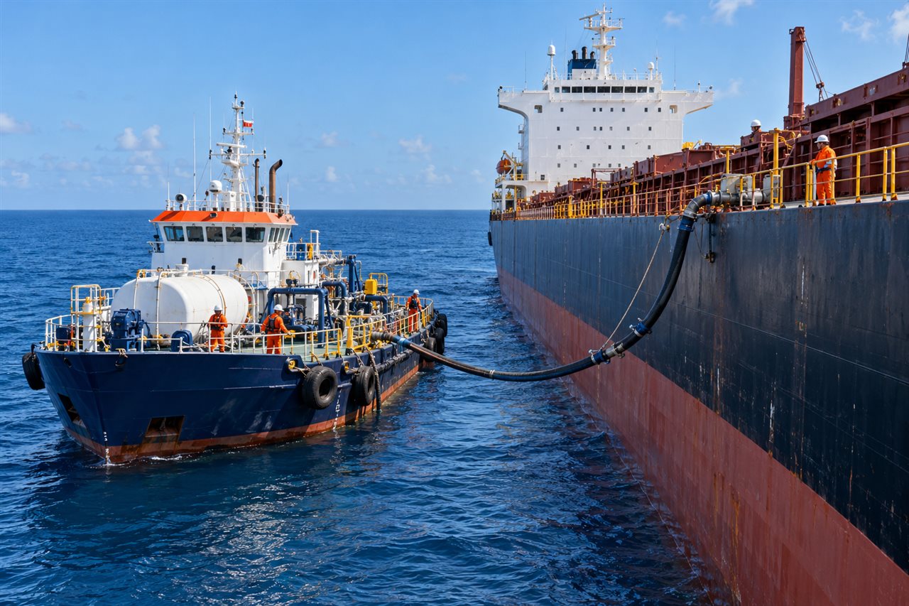 Illustrative scene of a supply boat transferring fresh water through a hose to a cargo ship at sea